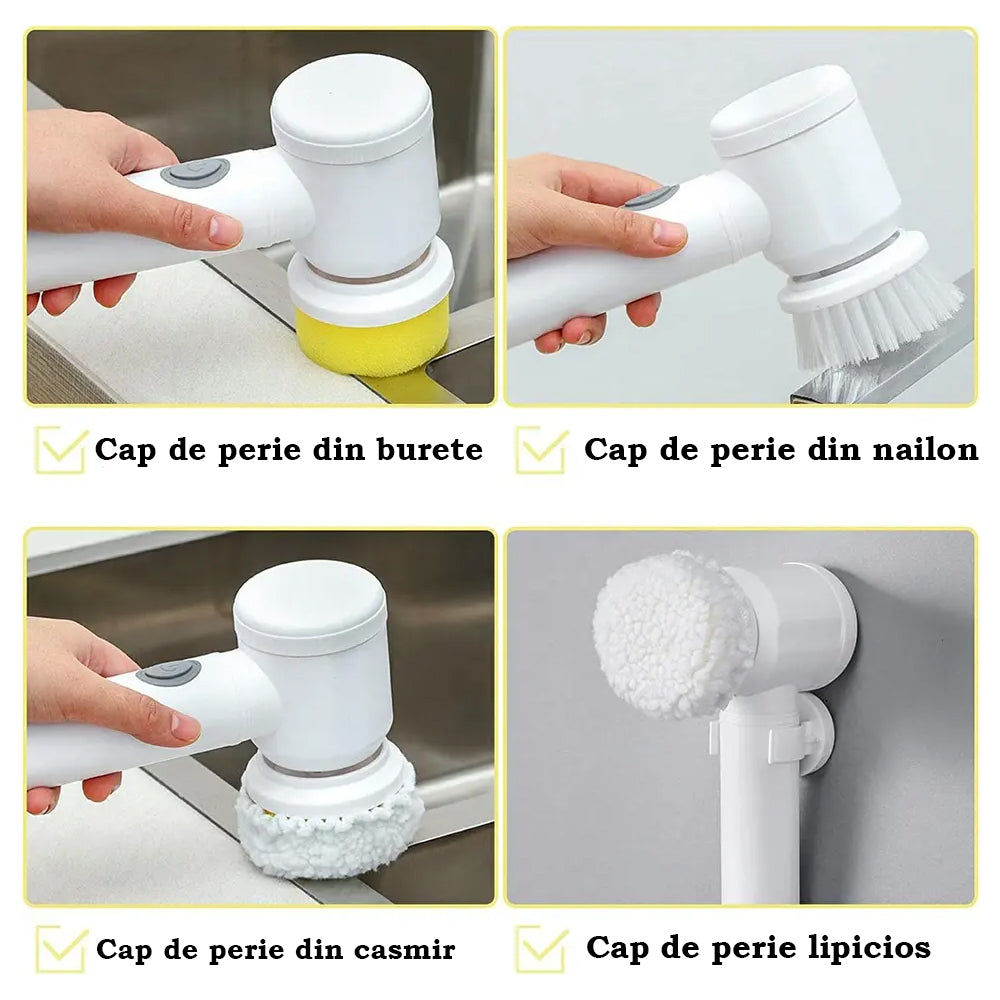 Електрическа четка за почистване, 5 глави, почистване на различни повърхности, водоустойчивост, бързо и ефикасно почистване, USB зареждане, бяла 