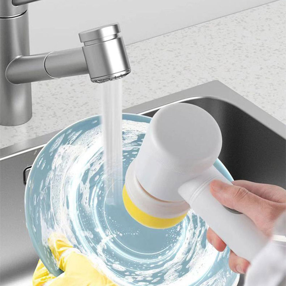 Електрическа четка за почистване, 5 глави, почистване на различни повърхности, водоустойчивост, бързо и ефикасно почистване, USB зареждане, бяла 