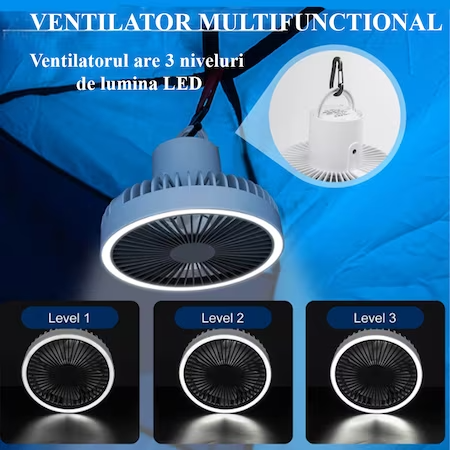 Преносим вентилатор с вградена LED лампа за къмпинг, закрито, тераса, бял