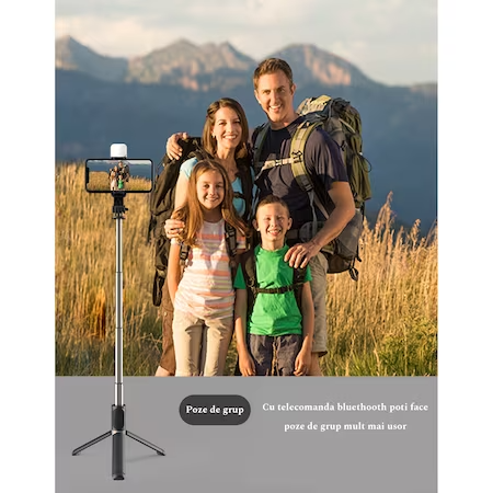 Селфи стик с професионален телескопичен статив и LED светлина, за телефон, с Bluetooth дистанционно управление, височина 20-76 см с алуминиева пръчка, черен