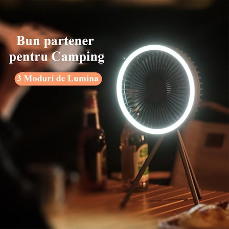 Hordozható ventilátor beépített LED lámpával kempingezéshez, beltéri, teraszos, fehér