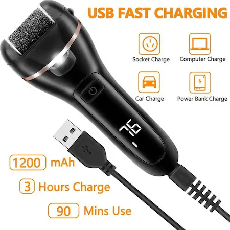 Pila electrica pentru talpi si calcaie, Display Digital, Led, Acumulator 1200 mAh, Incarcare USB, Impermeabil, 3 role, 2000 rpm, Accesorii incluse pentru Indepartare piele moarta, Indepartare calus, Negru