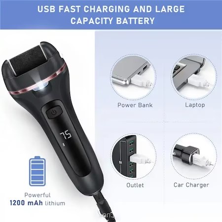 Pila electrica pentru talpi si calcaie, Display Digital, Led, Acumulator 1200 mAh, Incarcare USB, Impermeabil, 3 role, 2000 rpm, Accesorii incluse pentru Indepartare piele moarta, Indepartare calus, Negru