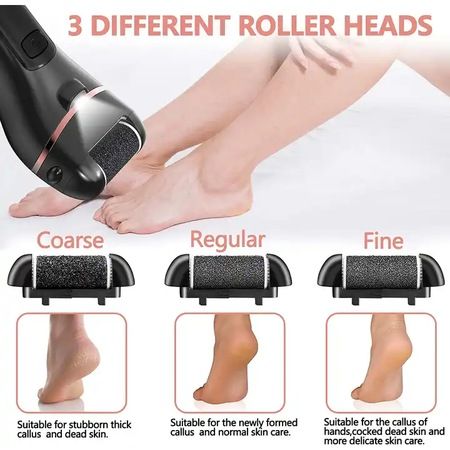 Pila electrica pentru talpi si calcaie, Display Digital, Led, Acumulator 1200 mAh, Incarcare USB, Impermeabil, 3 role, 2000 rpm, Accesorii incluse pentru Indepartare piele moarta, Indepartare calus, Negru
