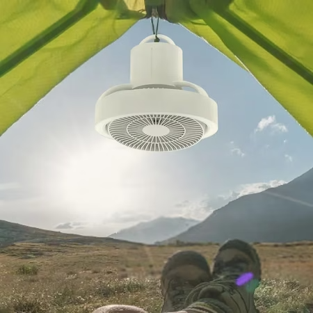 Преносим вентилатор с вградена LED лампа за къмпинг, закрито, тераса, бял