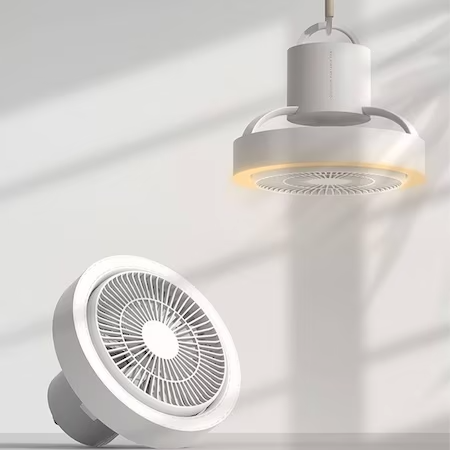 Преносим вентилатор с вградена LED лампа за къмпинг, закрито, тераса, бял