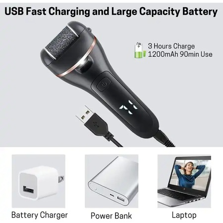 Pila electrica pentru talpi si calcaie, Display Digital, Led, Acumulator 1200 mAh, Incarcare USB, Impermeabil, 3 role, 2000 rpm, Accesorii incluse pentru Indepartare piele moarta, Indepartare calus, Negru