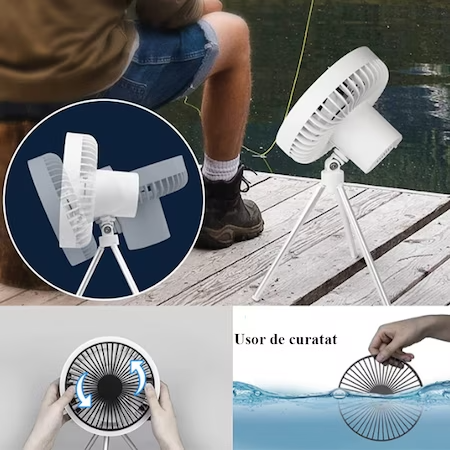 Преносим вентилатор с вградена LED лампа за къмпинг, закрито, тераса, бял