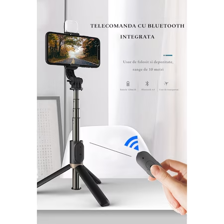 Селфи стик с професионален телескопичен статив и LED светлина, за телефон, с Bluetooth дистанционно управление, височина 20-76 см с алуминиева пръчка, черен