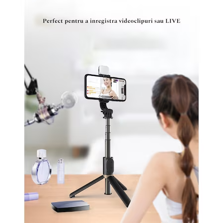 Селфи стик с професионален телескопичен статив и LED светлина, за телефон, с Bluetooth дистанционно управление, височина 20-76 см с алуминиева пръчка, черен