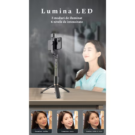 Селфи стик с професионален телескопичен статив и LED светлина, за телефон, с Bluetooth дистанционно управление, височина 20-76 см с алуминиева пръчка, черен