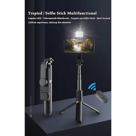 Селфи стик с професионален телескопичен статив и LED светлина, за телефон, с Bluetooth дистанционно управление, височина 20-76 см с алуминиева пръчка, черен