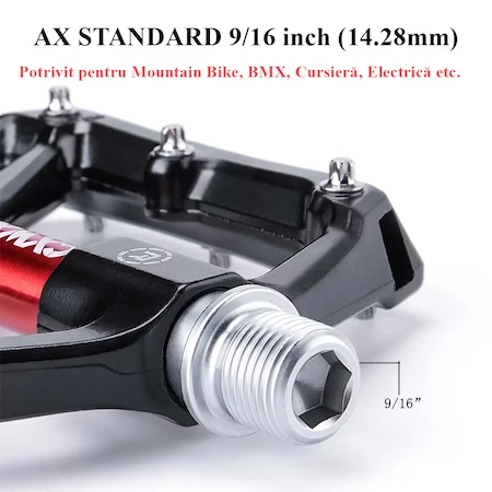 Set 2 Pedale Bicicleta din Aluminiu pentru MTB, BMX, Cursiera, Anti-alunecare, Waterproof, Dustproof, Detaliu Rosu