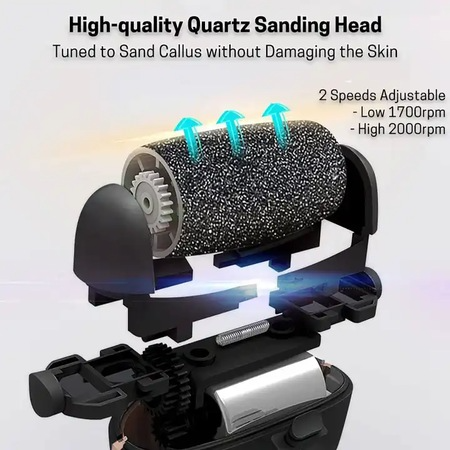 Pila electrica pentru talpi si calcaie, Display Digital, Led, Acumulator 1200 mAh, Incarcare USB, Impermeabil, 3 role, 2000 rpm, Accesorii incluse pentru Indepartare piele moarta, Indepartare calus, Negru