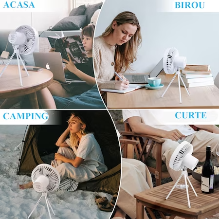 Преносим вентилатор с вградена LED лампа за къмпинг, закрито, тераса, бял