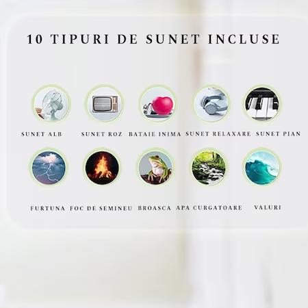 Dispozitiv Generare Sunete albe, Suzeta pentru Fructe si Legume Inclusa, 10 Sunete Relaxante Perfecte pentru Adormit Copii, Temporizator, Portabil, Prindere usoara, Reincarcabil, White Noise, Alb